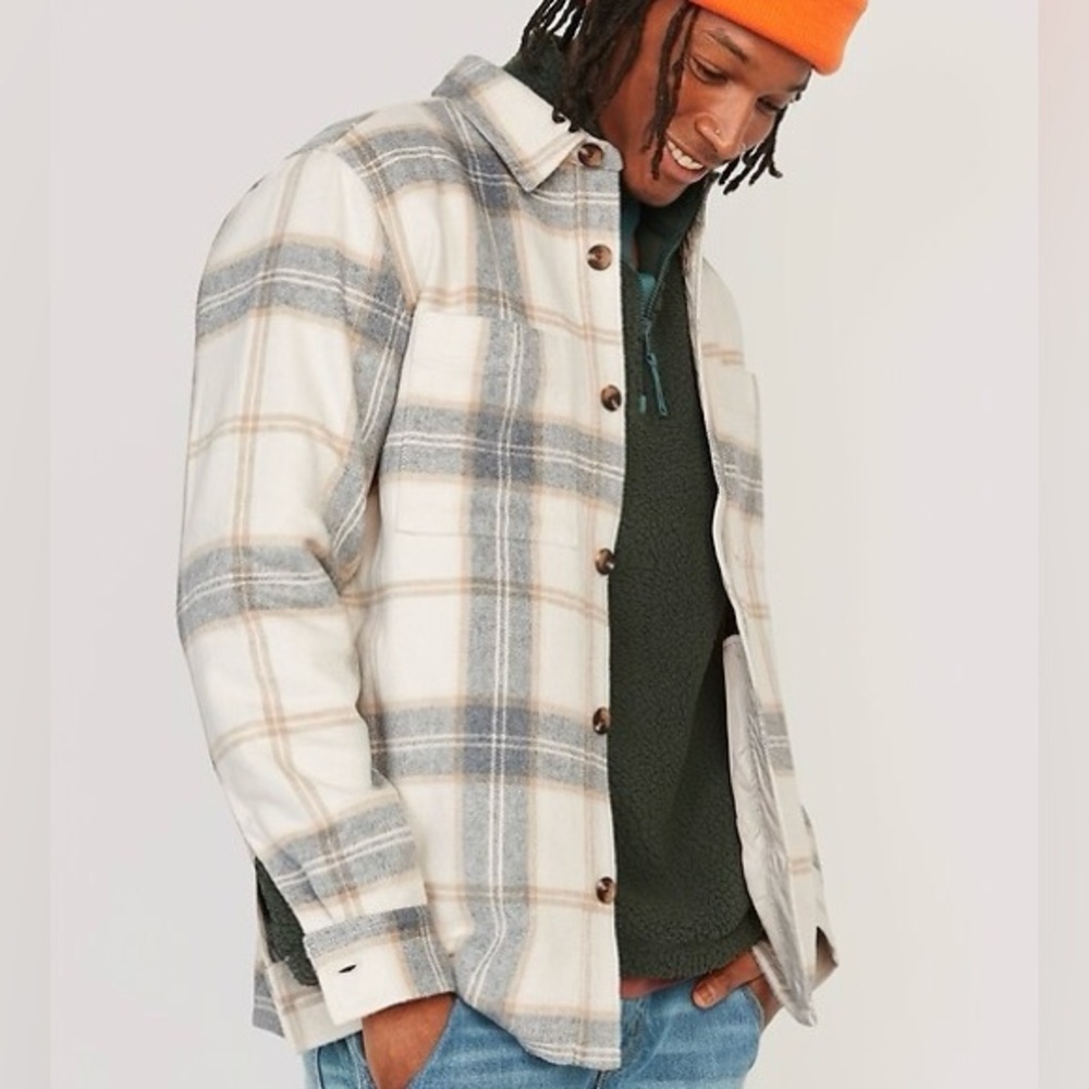 Old Navy Soft Brushed Plaid Shacket Cream & Gray Oversized Jacket XXlarge Men’s
